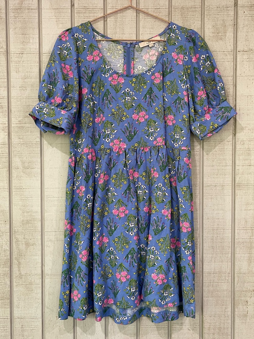 Loft Blue Floral Linen Blend Puff Sleeve Dress Size 6 Cottagecore